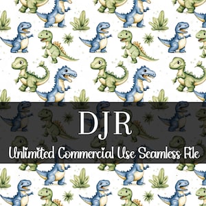 May include: Seamless pattern featuring watercolor illustrations of cartoon dinosaurs in shades of blue and green, interspersed with green plant illustrations. The text "DJR Unlimited Commercial Use Seamless File" is displayed.