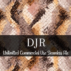 Puede incluir: Archivo digital sin costuras con un diseño de piel de serpiente en tonos marrón, beige y rosa. La imagen incluye el texto "DJR" y "Unlimited Commercial Use Seamless File" en una pancarta oscura.