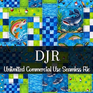 May include: Seamless digital file with a fishing theme. The design features colorful illustrations of fish, fishing rods, bobbers, and water. The background is a patchwork of blue, green, and white squares. Text reads "DJR Unlimited Commercial Use Seamless File."