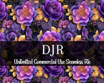 Estampa floral aquarela em tons de roxo e dourado, sem costura | Padrão floral sem costura | Padrão para uso comercial | Estampa floral aquarela sem costura