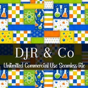 Könnte beinhalten: Ein nahtloses Muster mit wissenschaftlichem Thema, das bunte Laborbecher, Kolben und Atomsymbole auf einem Gitter aus blauen, grünen, orangen und gelben Quadraten zeigt. Der Text DJR & Co Unlimited Commercial Use Seamless File ist überlagert.