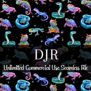 May include: A repeating pattern of vibrant reptiles and amphibians, such as snakes, lizards, and turtles, on a black backdrop with white star details. The design includes the text "DJR" and "Unlimited Commercial Use Seamless File".