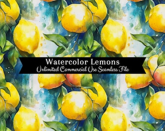 Watercolor Lemon Seamless Print | Mediterranean Lemon Pattern | Commercial Use | Repeating Print PNG| Watercolor Lemon Digital Paper