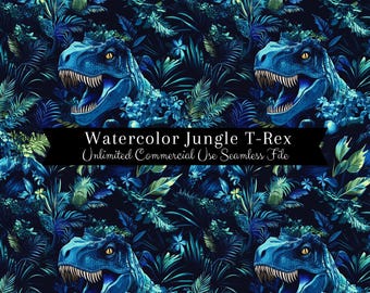 May include: Seamless pattern featuring a watercolor illustration of a blue T-Rex dinosaur in a jungle setting. The background is filled with lush green foliage and blue flowers. The text "Watercolor Jungle T-Rex Unlimited Commercial Use Seamless File" is displayed at the bottom of the image.