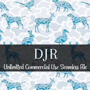 May include: A seamless pattern featuring various animals like dogs, deer, ducks, and rabbits in a blue camouflage design. The background has a light blue and white pattern. The text "DJR Unlimited Commercial Use Seamless File" is displayed.