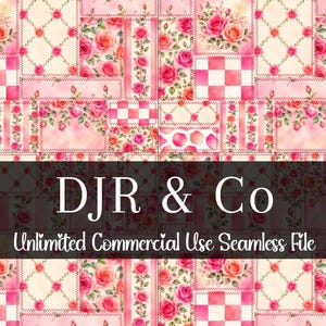 May include: A digital seamless pattern file featuring a patchwork design of pink roses, checkered squares, and floral borders in shades of pink, cream, and green. The image includes the text DJR & Co and Unlimited Commercial Use Seamless File.