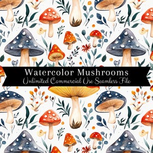 Impression transparente de champignons aquarelle | Modèle sans couture de noyau de chalet | Modèle d'utilisation commerciale | Impression répétée | Aquarelle champignon vénéneux PNG