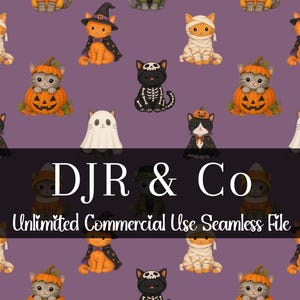 May include: A seamless digital pattern featuring cartoon cats in Halloween costumes, including mummies, witches, pumpkins, ghosts, and skeletons on a purple background. The text DJR & Co Unlimited Commercial Use Seamless File is centered.