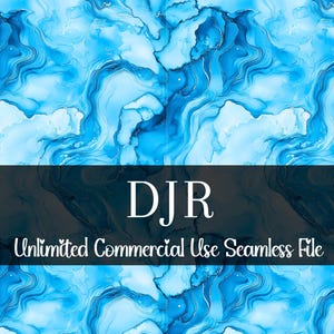 May include: Abstract seamless pattern in shades of blue, resembling flowing water or marble. The design features swirling patterns and a dark band with the initials "DJR" and the text "Unlimited Commercial Use Seamless File".