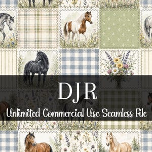 May include: Seamless digital file featuring a patchwork design with watercolor illustrations of horses in various colors. The design includes plaid, floral, and striped patterns, with the text "DJR Unlimited Commercial Use Seamless File".
