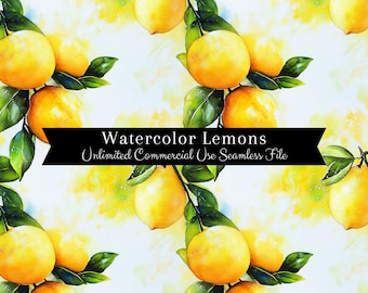 Watercolor Lemon Seamless Print | Mediterranean Lemon Pattern | Commercial Use | Repeating Print PNG| Watercolor Lemon Digital Paper