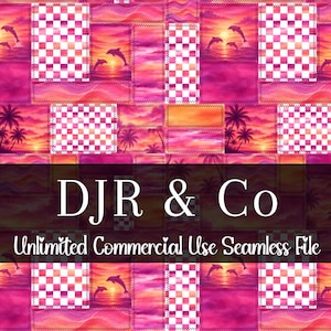 Sonnenuntergang Strand Patchwork Nahtlose Muster | Aquarell Delfin | Ozeanwellen-Wiederholungsmuster | Muscheln Muster | Palme Sonnenuntergang