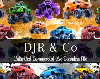 Watercolor Monster Truck Seamless Print | Truck Seamless Pattern | Commercial Use Pattern | Truck Repeating Pattern PNG | Boy Seamless Print
