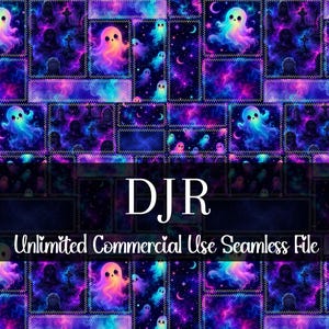 May include: A seamless digital file featuring a repeating pattern of cute, colorful ghosts against a backdrop of a nebula and tombstones. The text "DJR" and "Unlimited Commercial Use Seamless File" are also present.