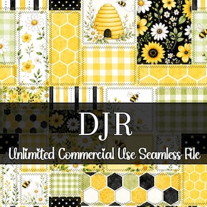 Könnte beinhalten: Ein Patchwork-Design mit gelben, schwarzen und weißen Mustern. Das Design enthält Bilder von Bienen, Sonnenblumen, Gänseblümchen und einem Bienenstock. Der Text "DJR" und "Unlimited Commercial Use Seamless File" werden auf dem Bild angezeigt.