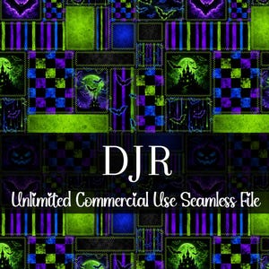 Könnte beinhalten: Eine digitale nahtlose Datei mit Halloween-Motiv. Das Design zeigt ein Patchworkmuster mit Fledermäusen, Spukhäusern und Kürbissen in Grün-, Lila-, Blau- und Schwarztönen. Der Text "DJR Unlimited Commercial Use Seamless File" wird angezeigt.