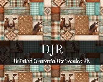 Watercolor Patchwork Cowboy Seamless | Boy Western Pattern | Commercial Use | Cow Print | Western Patchwork | Horse Seamless | Aztec