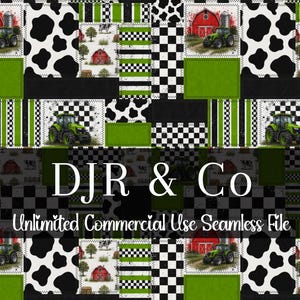 Motif aquarelle, tracteur, ferme, patchwork, vache, imprimé sans couture | Motif à carreaux répétitif | Usage commercial | Vache sans couture | Grange verte avec tracteur