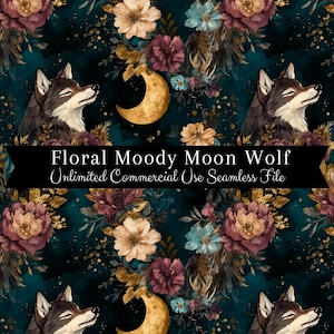 Op de afbeelding: Een naadloos patroon met een donkere blauwe achtergrond met gouden glitter, bloemboeketten in tinten roze, crème en blauw, en twee wolven die naar de maan huilen. De tekst "Floral Moody Moon Wolf Unlimited Commercial Use Seamless File" wordt weergegeven op een zwarte banner.
