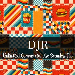 May include: A colorful seamless pattern featuring various food illustrations, including hamburgers, french fries, and hot dogs, set against a patchwork of geometric designs. The text "DJR Unlimited Commercial Use Seamless File" is also present.