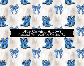 Watercolor Coquette Bow Cowgirl Boot Seamless | Western Seamless Pattern | Commercial Use Pattern | Repeating Print | Plaid Bow Seamless PNG