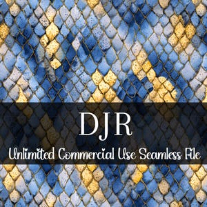 Puede incluir: Archivo digital sin costuras con un diseño de acuarela. El patrón presenta un diseño repetitivo en forma de escamas en tonos de azul, dorado y blanco, con contornos dorados. Se muestra el texto "DJR" y "Unlimited Commercial Use Seamless File".