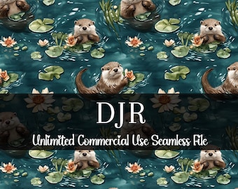 Watercolor Otter Seamless Print | Swimming Otter Seamless Pattern | Commercial Use Pattern | Repeating Print | Water Floral Repeating Print