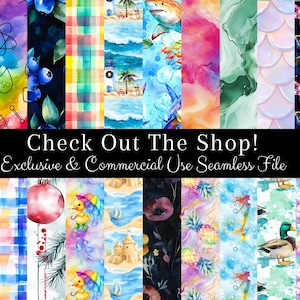 May include: A collection of 16 digital seamless patterns featuring various designs, including a rainbow plaid, a mermaid tail, a pineapple, a shark, a duck, a dragon, a butterfly, a watercolour floral, and a watercolour marble. The patterns are in a variety of colours, including blue, green, pink, yellow, and orange. The text "Check Out The Shop! Exclusive & Commercial Use Seamless File" is displayed across the top of the image.