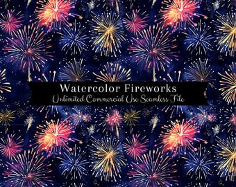 Fireworks Seamless Pattern | Watercolor Celebration Digital Paper | Watercolor Firework Pattern | 4th of July Repeating Pattern