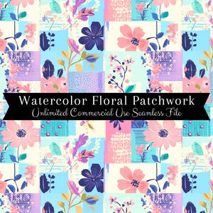 Pode incluir: Um padrão de papel digital sem costura com um design de patchwork de motivos florais em aquarela em tons de rosa, azul, roxo e verde. O padrão é perfeito para artesanato, scrapbooking e outros projetos criativos.