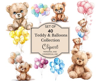 Aquarell Teddy Bär und Luftballons Clipart | Luftballons PNG Clipart | Teddy Bären Clipart | Bären Luftballons Clipart | Kinderzimmer Clipart