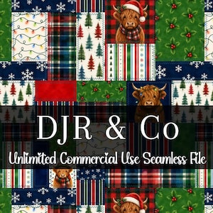 May include: A digital pattern featuring a patchwork of Christmas-themed squares including Highland cows wearing Santa hats, green holly leaves, red and green plaid, pine trees, and white snowflakes on blue backgrounds with the text DJR & Co.