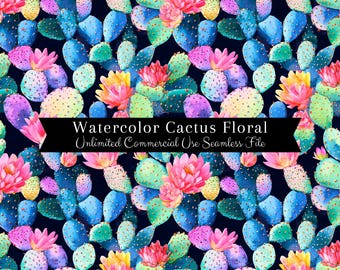 サボテンの花のシームレスなパターン | 水彩サボテンの花のデジタルペーパー | 水彩サボテンの繰り返しパターン | 水彩花のシームレスなパターン