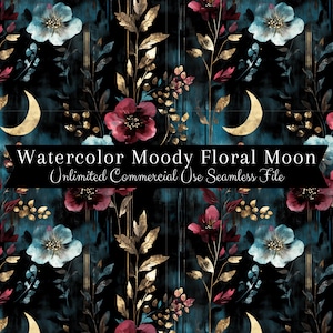 Impression florale transparente de lune de couleur bordeaux Moody de couleur aquarelle | Modèle sans couture de lune | Modèle d'utilisation commerciale | Croissant de lune de minuit aquarelle