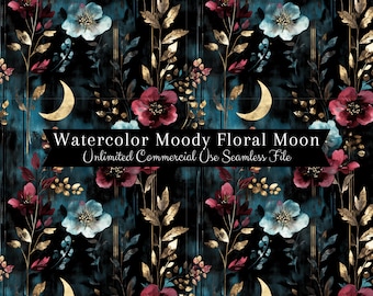 Aquarela Moody Borgonha Lua Floral Impressão Sem Costura | Padrão Sem Costura de Lua | Padrão de Uso Comercial | Aquarela Luas Crescentes Meia-Noite