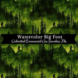 May include: A seamless digital paper pattern featuring a watercolor background of green and yellow hues depicting a forest with silhouettes of Bigfoot walking through the trees. The text "Watercolor Big Foot Unlimited Commercial Use Seamless File" is displayed on a black banner.