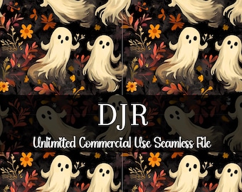 Ghost Fall Floral Seamless Pattern | Watercolor Ghost Digital Paper | Ghost Pattern | Watercolor Halloween | Fall Repeating Pattern PNG