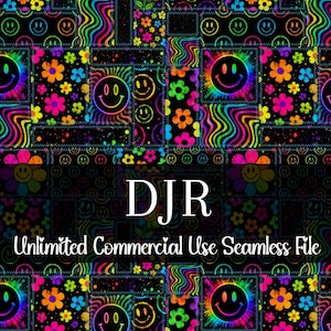 May include: A vibrant, psychedelic seamless pattern featuring smiley faces, flowers, and wavy designs in a patchwork style. The design incorporates a rainbow of colors on a black background. Text reads "DJR Unlimited Commercial Use Seamless File."