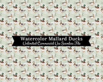 Modèle sans couture de canard colvert | Canards à l'aquarelle | Fichier sans couture d'arrière-plans de chasse | Motif répétitif PNG | Droits exclusifs PNG