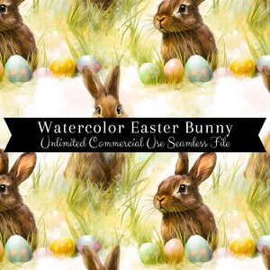 May include: A seamless pattern featuring watercolour illustrations of Easter bunnies and colourful eggs. The bunnies are brown and white, and the eggs are pink, blue, yellow, and green. The pattern is set against a white background with green grass and yellow flowers.
