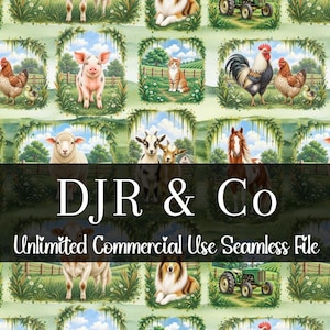 Peut inclure: Un motif numérique sans couture représentant divers animaux de ferme, notamment des coqs, des cochons, des moutons, des chèvres, des chevaux, des vaches et un colley, avec des tracteurs verts. Le texte DJR & Co Unlimited Commercial Use Seamless File est présent.
