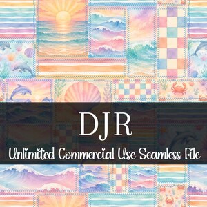 Sonnenuntergang Strand Patchwork Nahtlose Muster | Aquarell Regenbogen Delfin | Ozeanwellen-Wiederholungsmuster | Muscheln Muster | Krabbe Druck