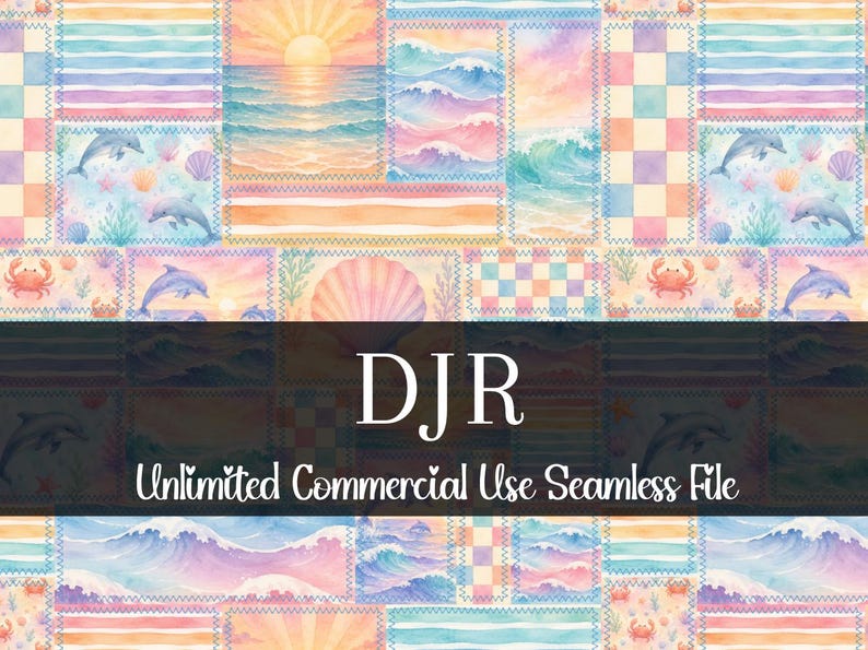 Pode incluir: Um padr&atilde;o sem costura colorido com ilustra&ccedil;&otilde;es com tema oce&acirc;nico. O design inclui golfinhos, conchas, ondas e pores do sol em um estilo patchwork. O texto "DJR Unlimited Commercial Use Seamless File" &eacute; exibido.