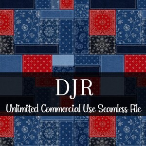 May include: A patchwork design featuring denim blue, red, and black bandana-style patterns. The design includes floral and paisley motifs. The text "DJR" is displayed in white, with the words "Unlimited Commercial Use Seamless File" below.
