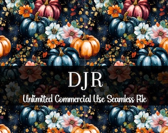 Watercolor Vibrant Floral Pumpkin Seamless Print | Pumpkin Pattern | Commercial Use Pattern | Repeating Print | Moody Floral Pumpkins
