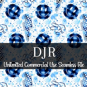 May include: Seamless pattern with blue smiley faces, peace signs, and lightning bolts on a white background with blue watercolour splatters. The pattern includes the text "DJR Unlimited Commercial Use Seamless File".