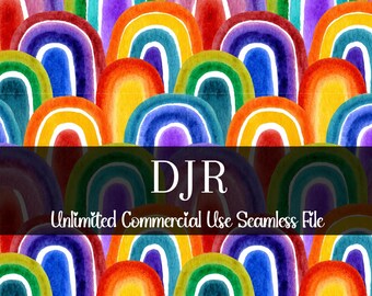 Pode incluir: Padrão aquarela sem costura com arcos de arco-íris coloridos em tons de vermelho, laranja, amarelo, verde, azul e roxo. O texto "DJR Unlimited Commercial Use Seamless File" é exibido na imagem.