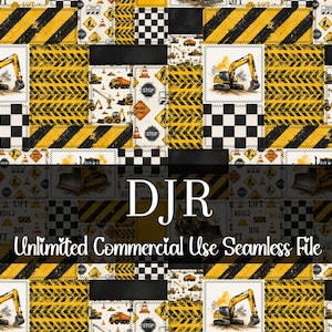 May include: A seamless digital file featuring a patchwork design with construction-themed elements. The pattern includes images of excavators, trucks, road signs, and hazard stripes in yellow, black, and white. The text "DJR Unlimited Commercial Use Seamless File" is also present.
