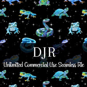 May include: A seamless pattern with watercolour illustrations of reptiles and amphibians, such as snakes, frogs, lizards, and turtles, on a black background with white stars. The text "DJR" and "Unlimited Commercial Use Seamless File" are also present.