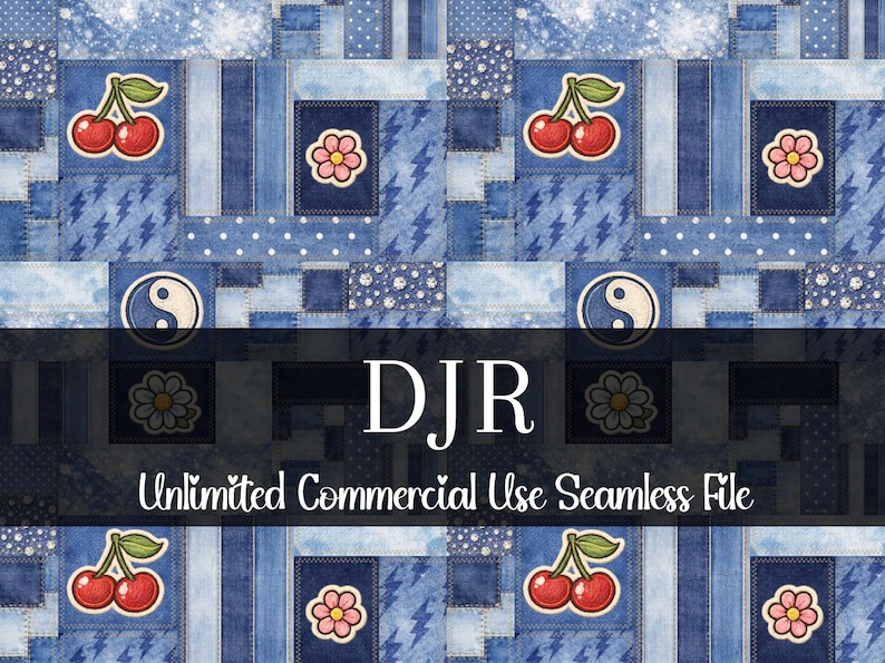 Op de afbeelding: Een naadloos digitaal bestand met een patchwork-ontwerp in blauwtinten. Het patroon bevat denim-achtige vierkanten met kersen, bloemen en yin-yang symbolen. De tekst "DJR Unlimited Commercial Use Seamless File" wordt weergegeven.